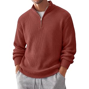 Huukeay Men Big Tall Zip Sweater Waffle Pullovers | Mock Turtleneck, Quarter Zip, Long Sleeve, Collared, Polo Shirts, Golf Sw