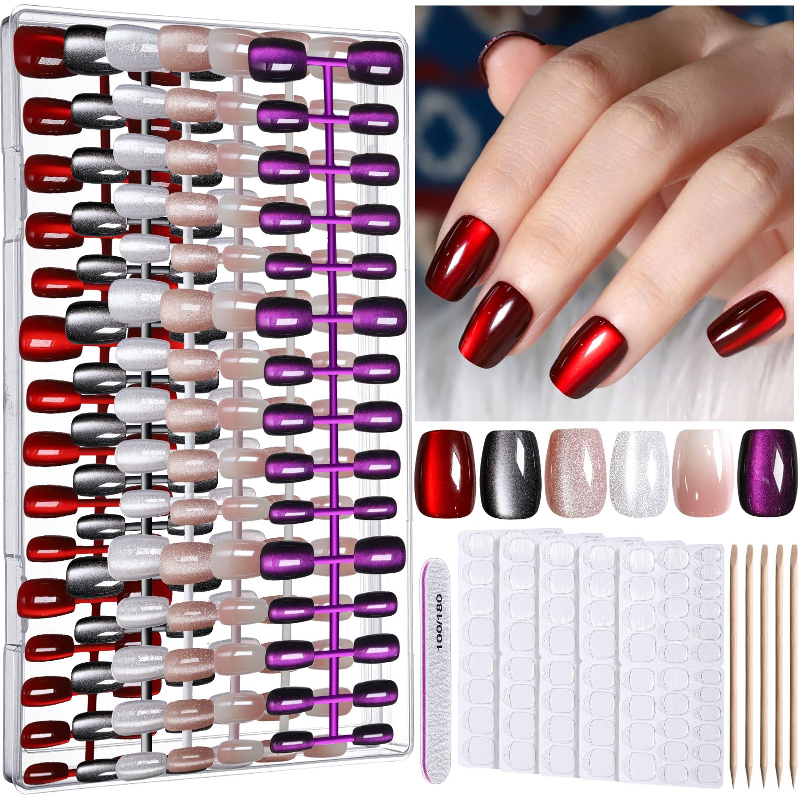 FANDAMEI Cat Eye Press On Nails, 6 Colors Press On Nails Short Square, Natural Fake Nails Fine Diamond Shine, Glossy Ombre, Cat Eye Press on Nails for Women with Salon Quality, Press on Nails Kit