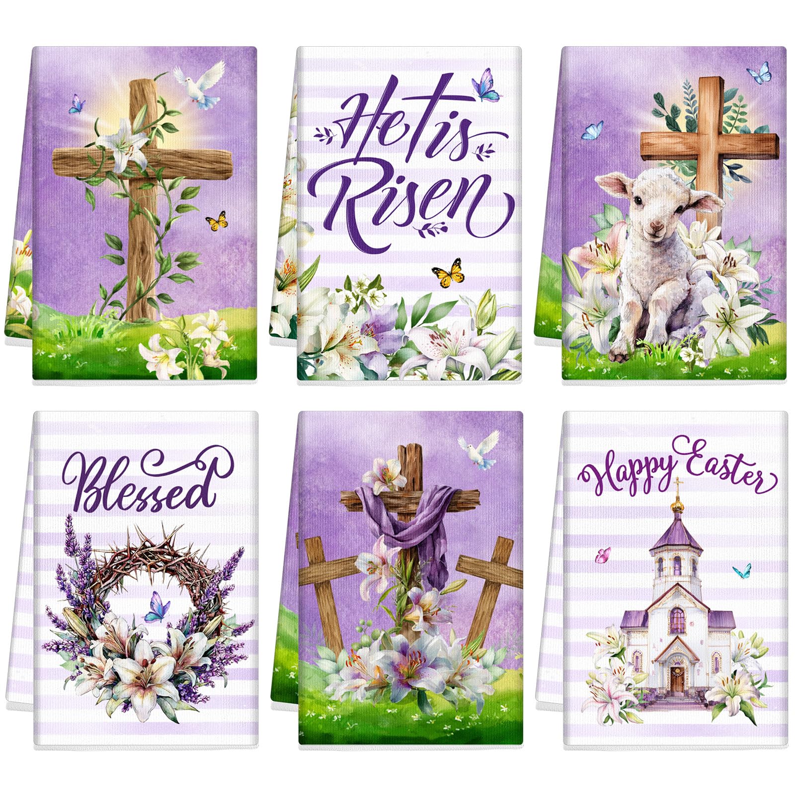 Patelai 6 Pack Easter Hand Towels He is Risen Tea Towel Religion Cross Happy Easter Purple Hand Holiday Decorative Gifts for Spring Home Housewarming Gift