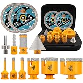 EXFEIN Diamond Tile Hole Saw Kit 12pcs - Tile Drill Bits 1/4" to 2-1/2" | 3/8" Milling Bit and 2" Chamfer Bit with Hex Adapter and 4.5" 2pcs Diamond Blade and for Tile Porcelain Marble