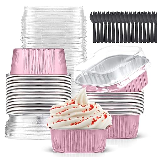 Mini Cake Pans With Lids (10oz,40 Pack) Aluminum Foil Square Cupcake Liners  Brownie Baking Cups,Disposable 4”x4” Large Cupcake Pan,Jumbo Muffin Tin