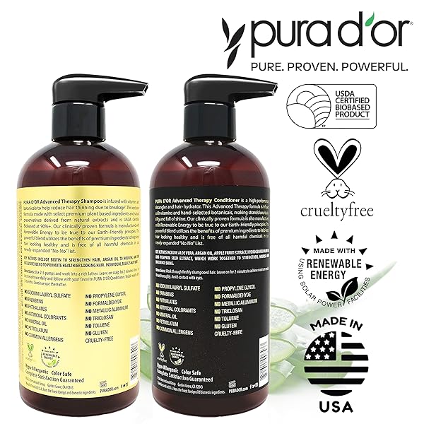 PURA D’OR ADVANCED THERAPY BIOTIN SHAMPOO & CONDITIONER HAIR CARE SET FOR HAIR THINNING, CLINICALLY TESTED EFFECTIVE RESULTS, HERBAL HAIR THICKENING PRODUCTS FOR WOMEN & MEN, 16OZ X2