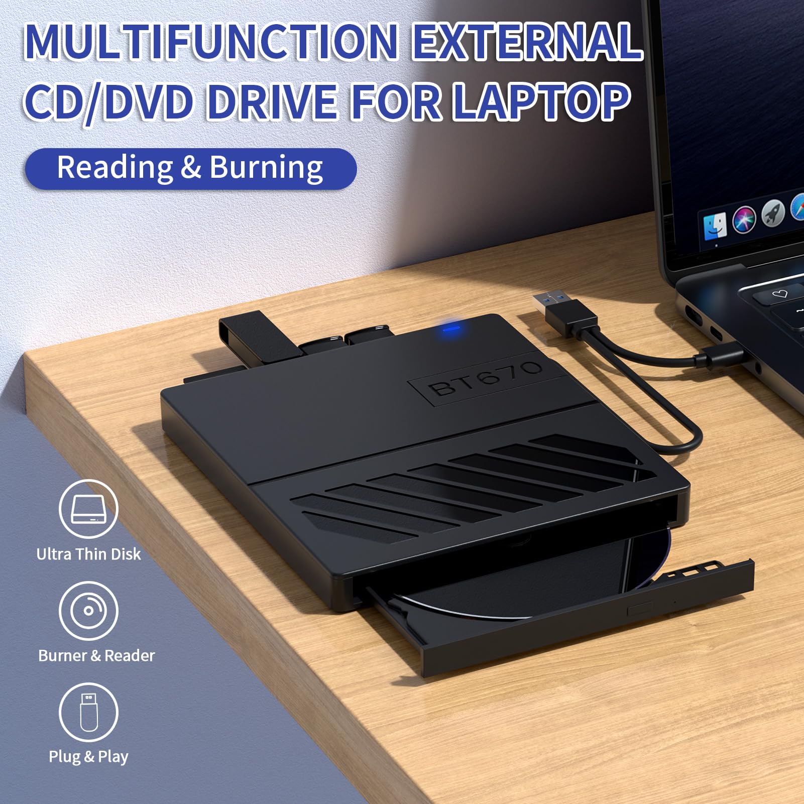 APPINESSEY External CD/DVD Drive for Laptop, 7 in 1 USB Ultra-Slim Portable CD/DVD Player Burner, Slot Type CD ROM Burner Writer External Disk Drive Compatible with Laptop PC MacBook Windows Linux