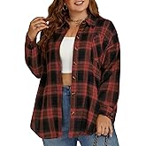 VISLILY Plus-Size-Tops for Women Casual Button Down Flannel Plaid Shirts Long Sleeve Tunics Collared Dressy Blouses XL-5XL