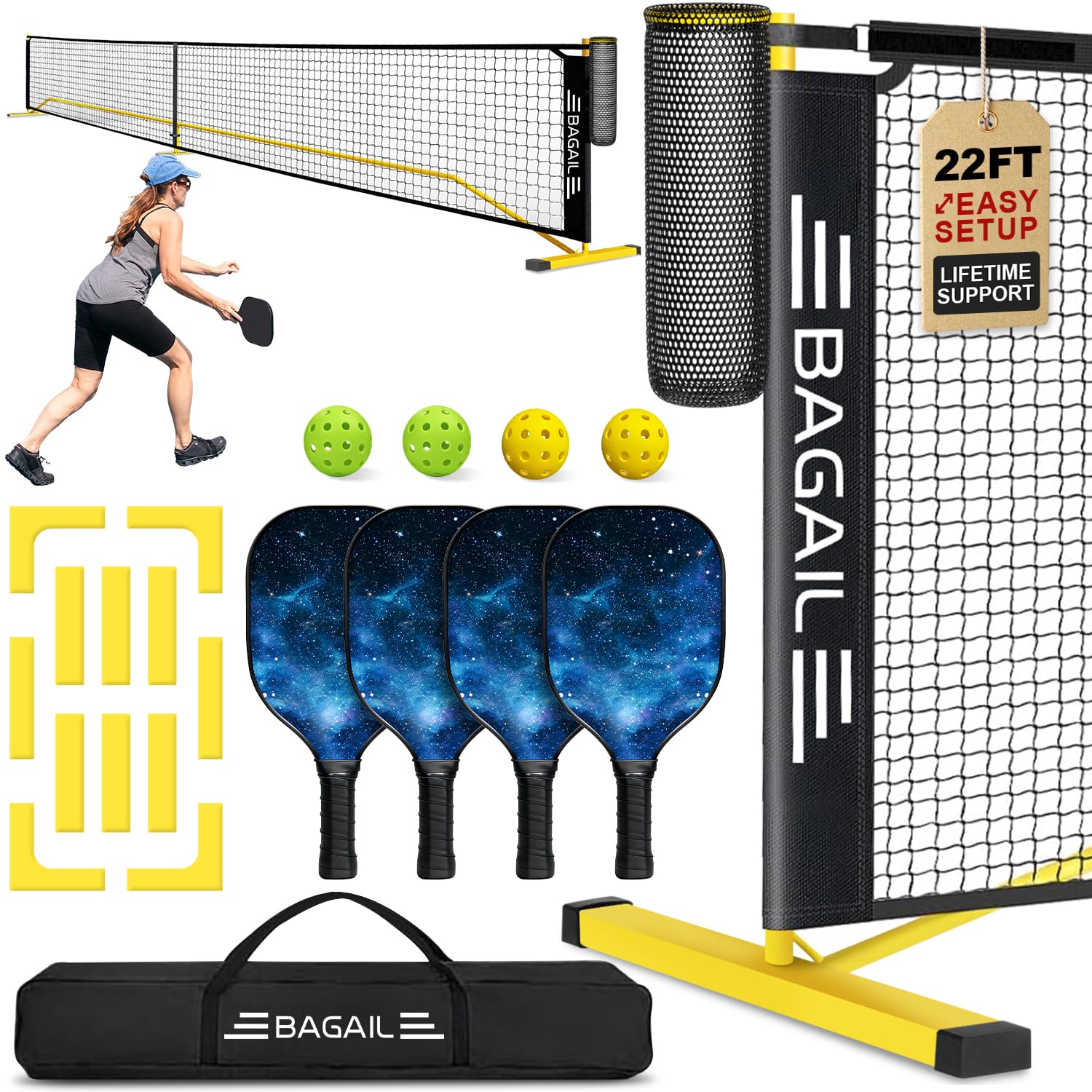 BAGAIL Portable Pickleball Net Set, 22 FT Regulation Size Pickle Ball Net with Ball Collector, 4 Paddles, 4 Balls, Court Marks and Carry Bag, Easy Setup for Outdoor Indoor Driveway - Yellow Image