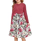YOVION Girls Fall Long Sleeve Dress Floral A-Line Swing Holiday Casual Knit Dresses with Belt for 6-12 Years