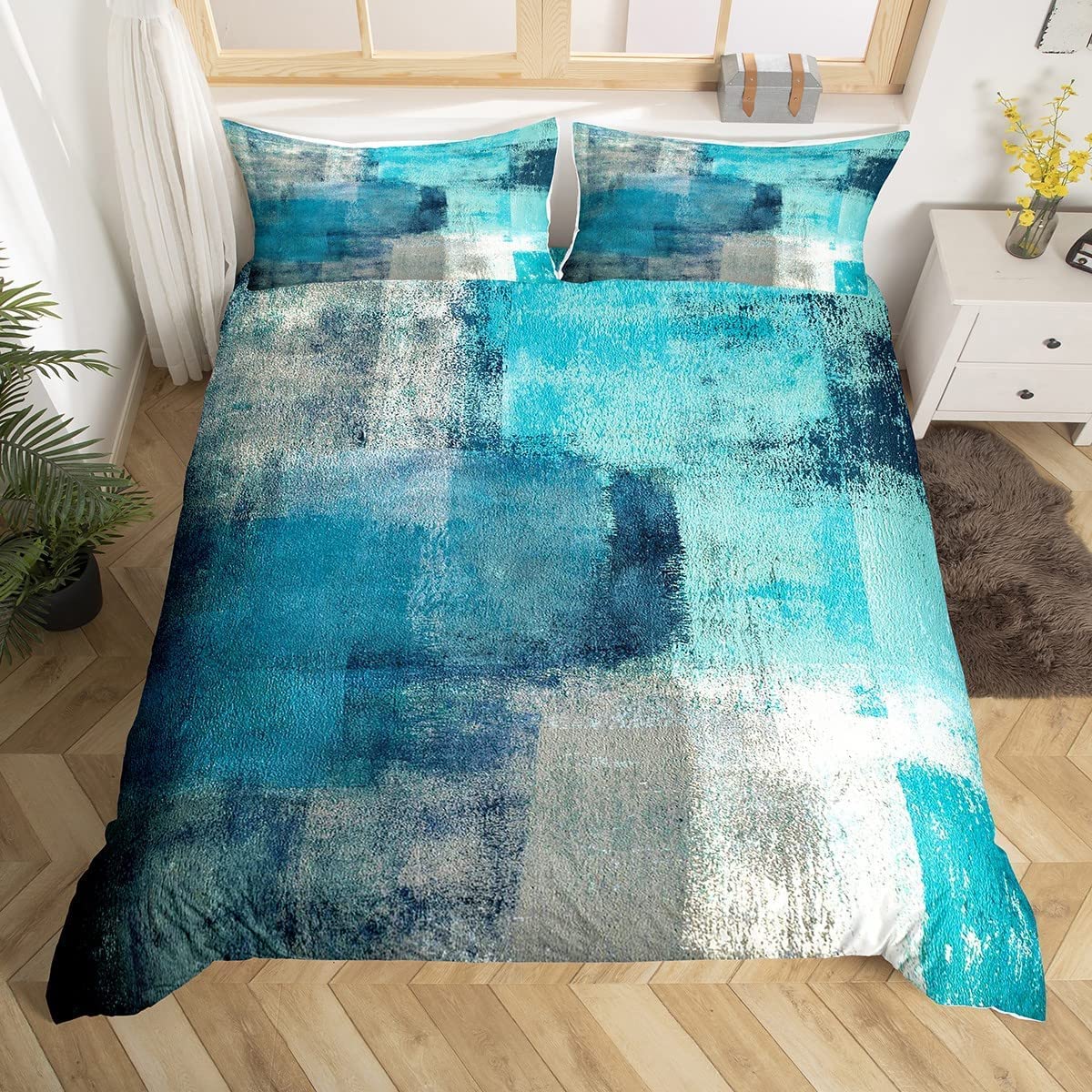 Teal Duvet Cover For Kids Teens Youth,Retro Tie Dyed Bedding Set,Grunge Turquoise And Grey Watercolor Comforter Cover Super King,Ombre Art Quilt Comforter With 2 Pillowcases Zipper&Ties