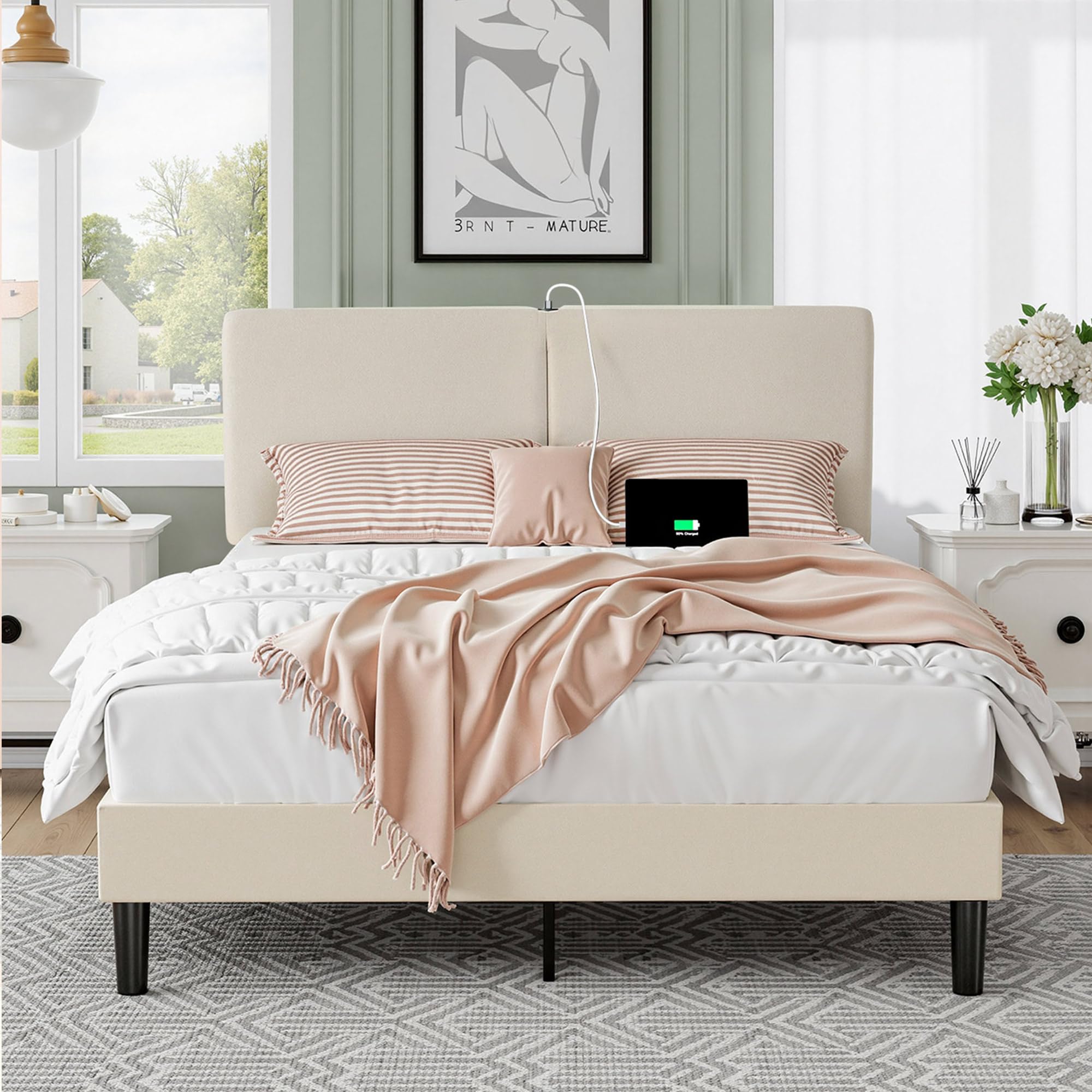 Photo 1 of ***(PARTS ONLY/ MISSING PARTS/ NON FUNCTIONAL)***VECELO Queen Bed Frame with Type-C & USB Ports, Upholstered Platform Height-Adjustable Cotton and Linen Headboard, No Box Spring Needed, Noise-Free, Easy Assembly, Beige