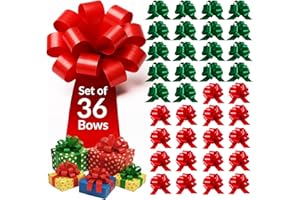 XMASolutions 36pcs Multi-Occasion Pull Bows - 5in Wide, Bright Red & Green Metallic Stripes Polyester Ribbon Bows for Gift Wrapping, Christmas Tree Decoration, Special Occasions