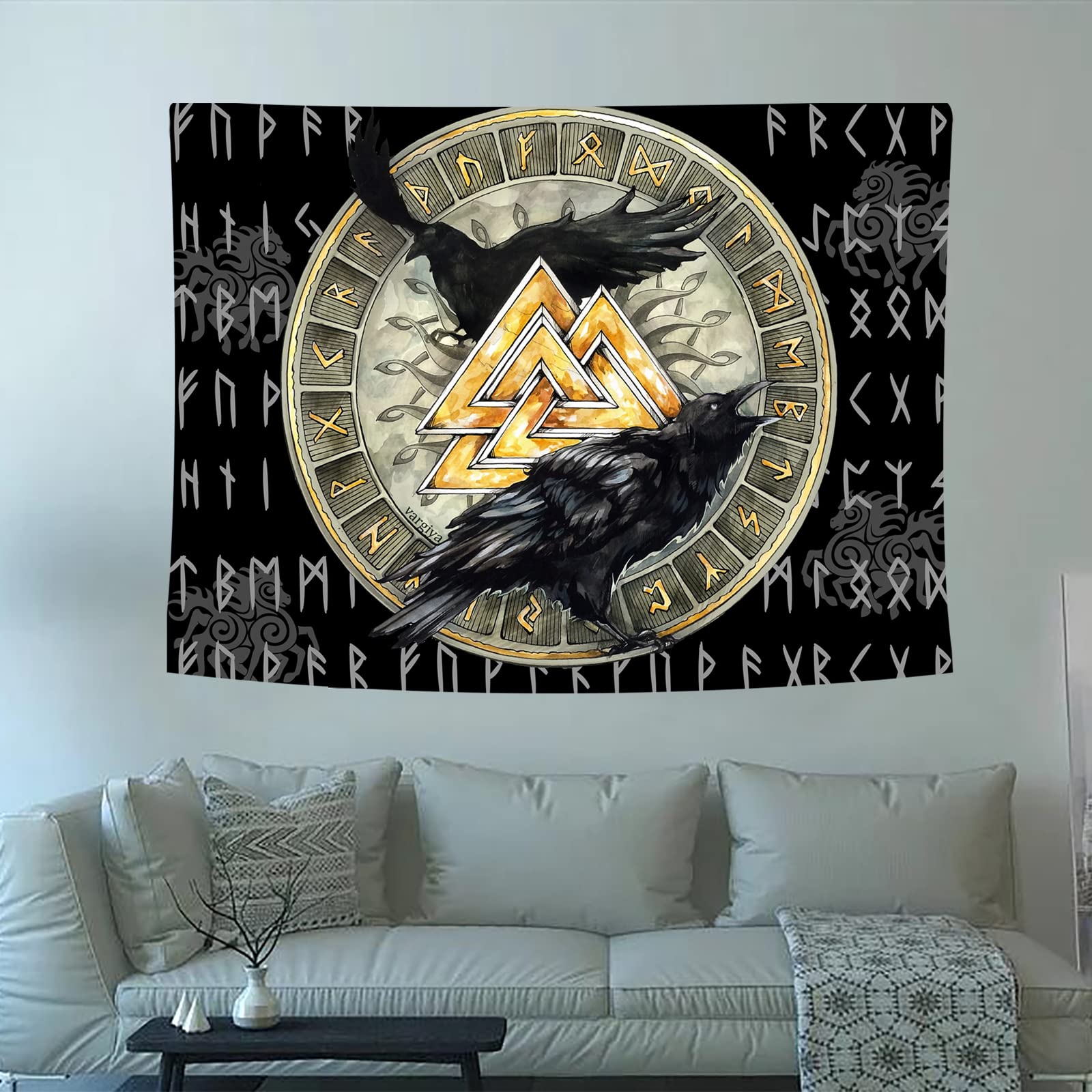 Arsey Viking Tapestry Wall Hanging Valknut Ravens Art Meditation Rune Aesthetic Tapestries Gift for Men Women Decor Living Room Bedroom 200 x 150 cm