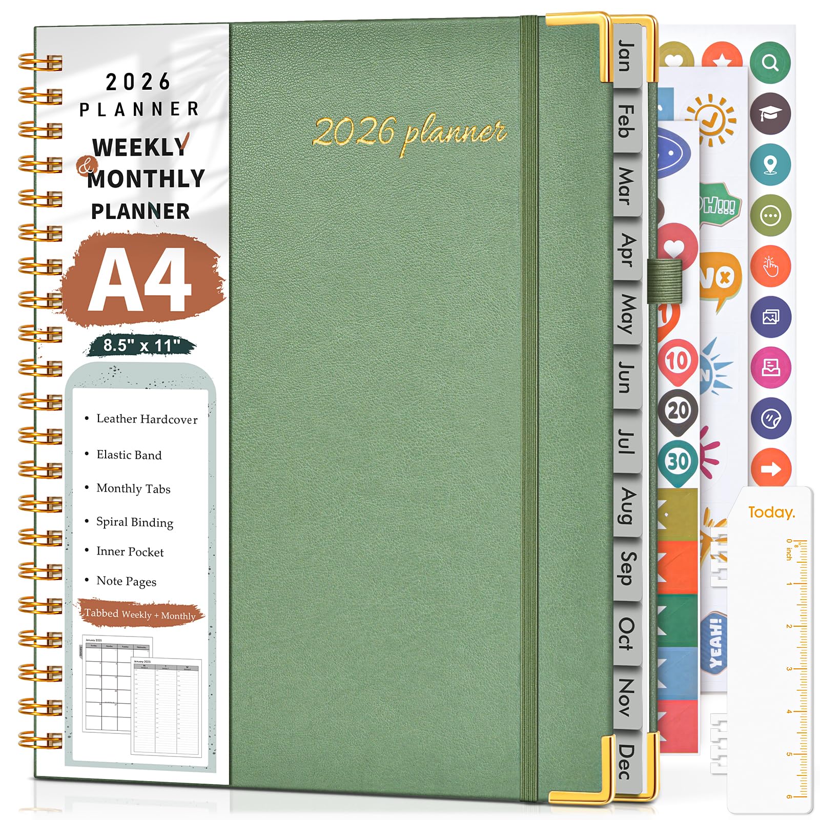 Photo 1 of 2026 Planner, Weekly and Monthly Calendar Planner from January 2026 - December 2026, 8.5" x 11" Hardcover Leather Hourly Appointment Book with Tabs, Spiral Daily Planners for School Work Home, Green