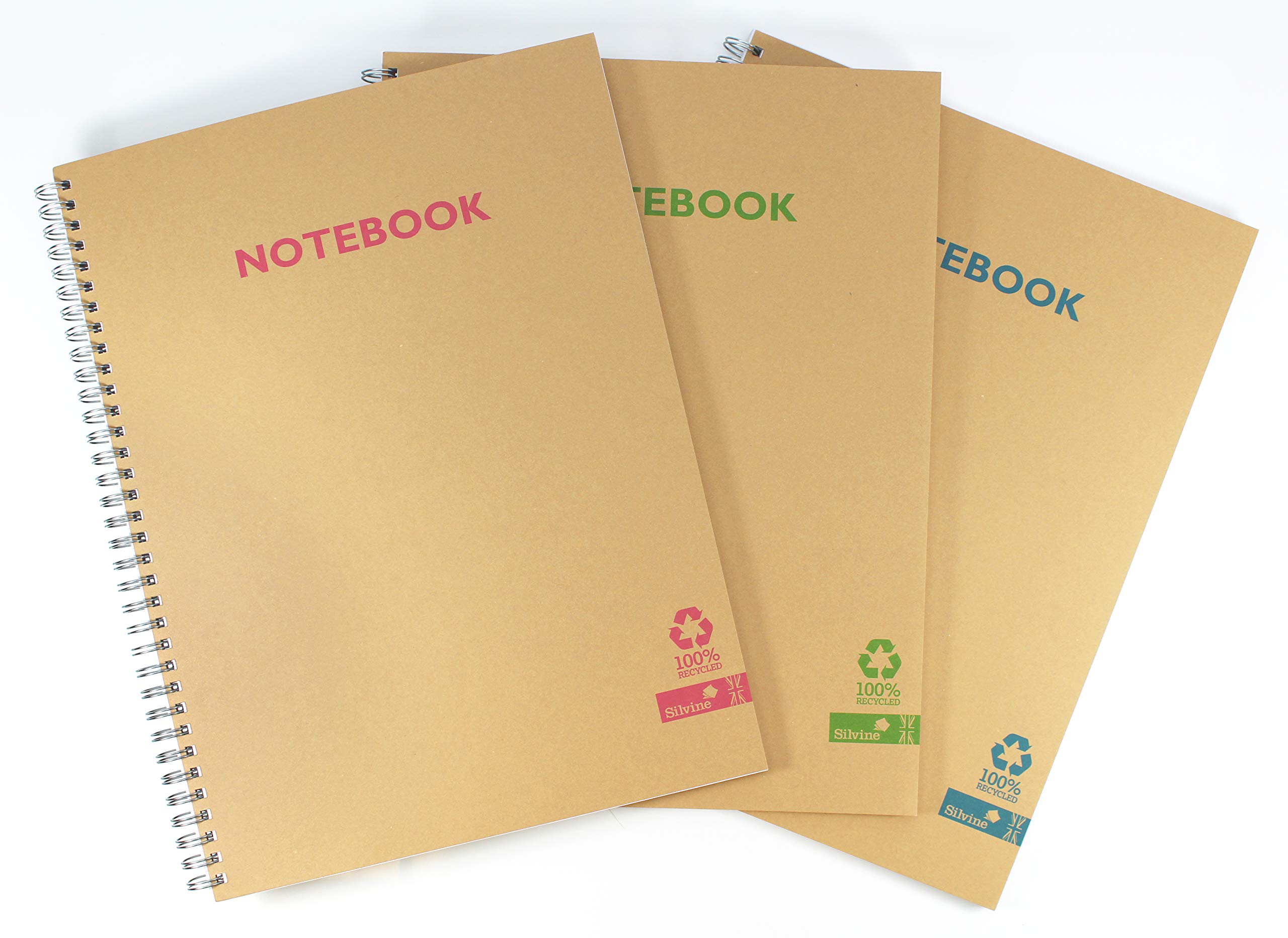 Silvine 120 Page A5 Kraft Covered Recycled Notebooks in 3 Assorted Colours, Lined with Margin [Pack of 6]