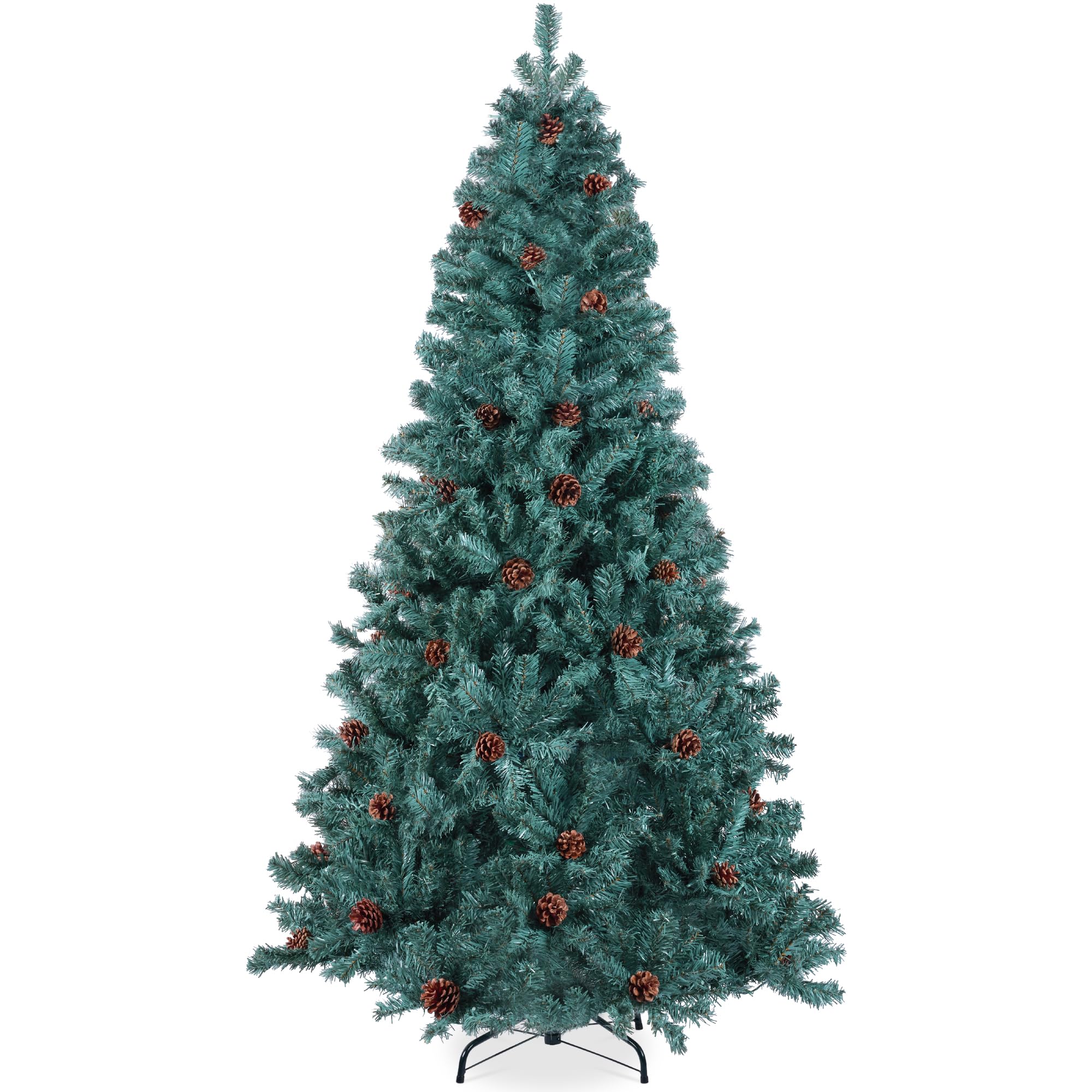 Best Choice Products 9ft Pre-Decorated Holiday Christmas Tree for Home, Office, Party Decoration w/2,028 Tips, Pinecones, Metal Base – Blue Spruce Image