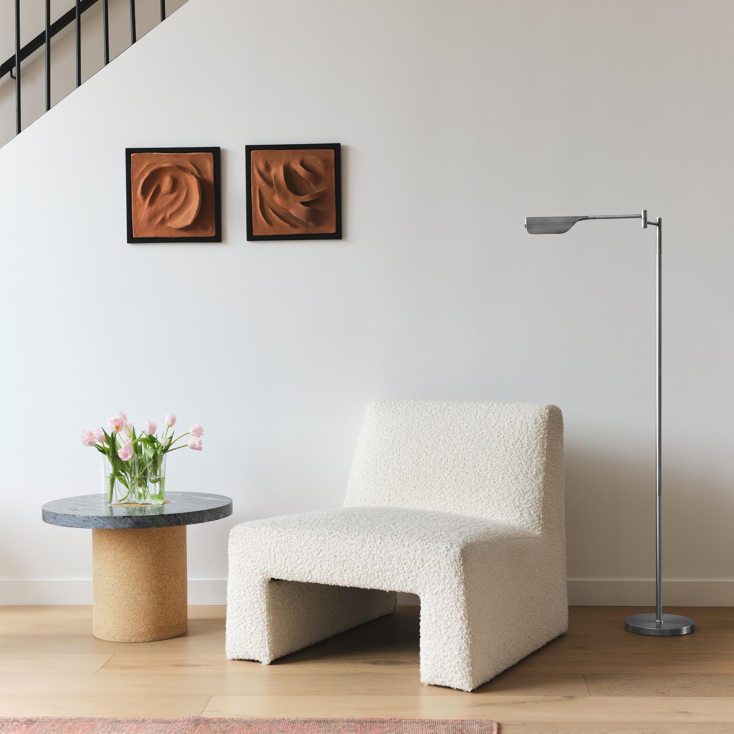 Brightech Leaf Pharmacy LED Reading Lamp, Dimmable Floor Lamp with Easy Rotation over Chair or Desk for Living Rooms & Offices, Adjustable Standing Lamp, Tall Lamp For Sewing & Craft - Platinum Silver