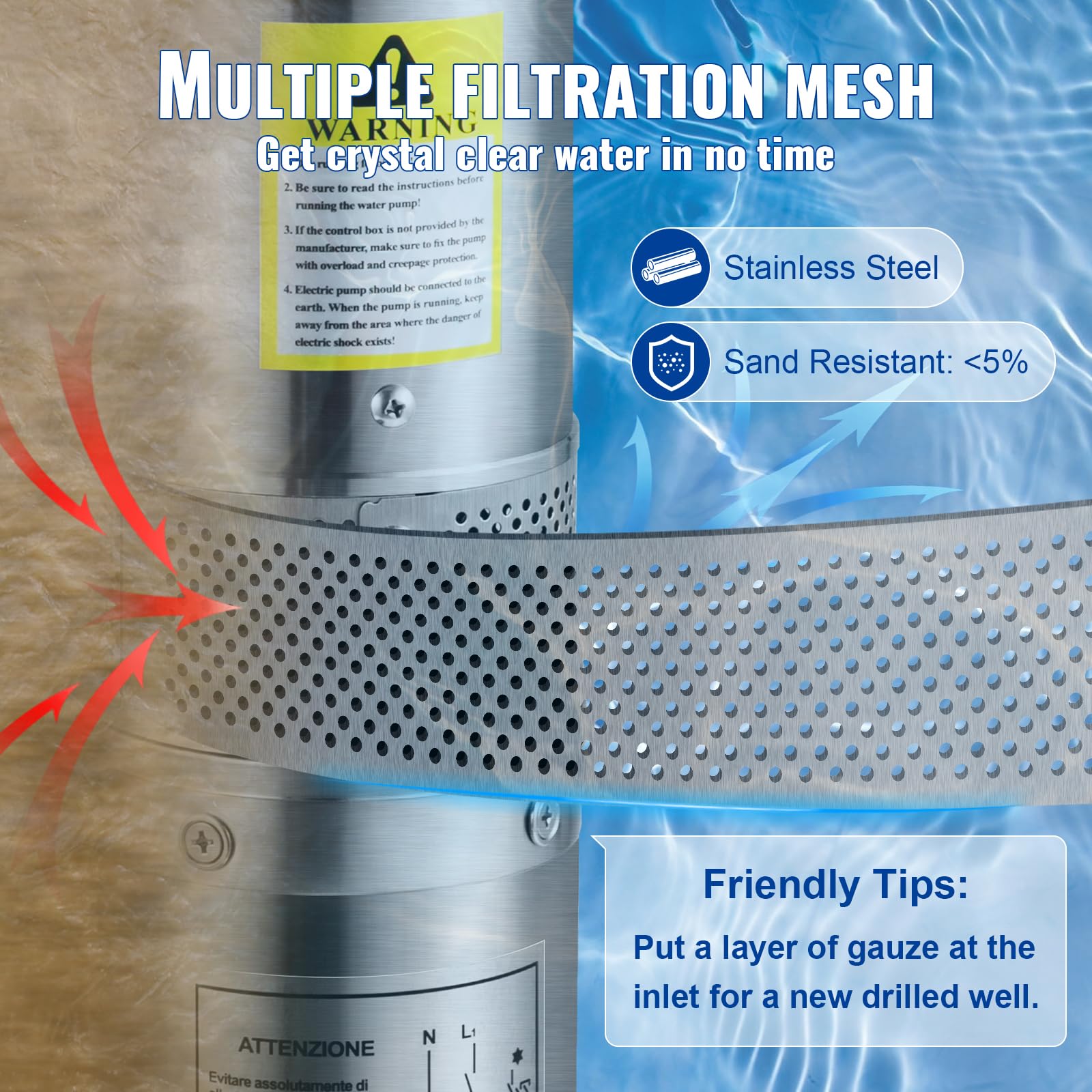 VEVOR 4'' Tiefbrunnenpumpe 370W Brunnenpumpe 110L/min Tauchpumpe max. Förderhöhe 44m Rohrpumpe 230V 50Hz Edelstahl Wasserpumpe 040℃ Pumpe Ideal zum Bewässern WasserVersorgen Entwässern, Silber 7