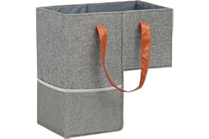 Qozary Stair Basket with Leather Handles - Stair Baskets for Carpeted Stairs, Staircase Basket for Wooden Stairs, Fabric Storage Bin, Save Trips Up and Down The Stairs
