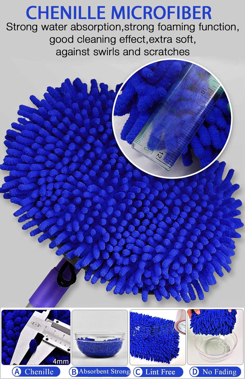 WillingHeart 47.5" Car Wash Brush Mop Cleaning Tool with Long Handle Kit for Washing Detailing Cars Truck, SUV, RV, Trailer, Boat 2 in 1 Chenille Microfiber Sponge Duster Not Hurt Paint Scratch Free: Automotive