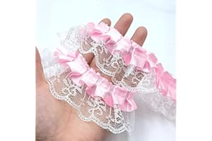 YOOGCORETT 2 Yards Pink Chiffon Lace Trims White Vintage Lace Ribbons for Wedding Decorations, DIY Craft, Handmade Costume Decoration - 1.8"Inch