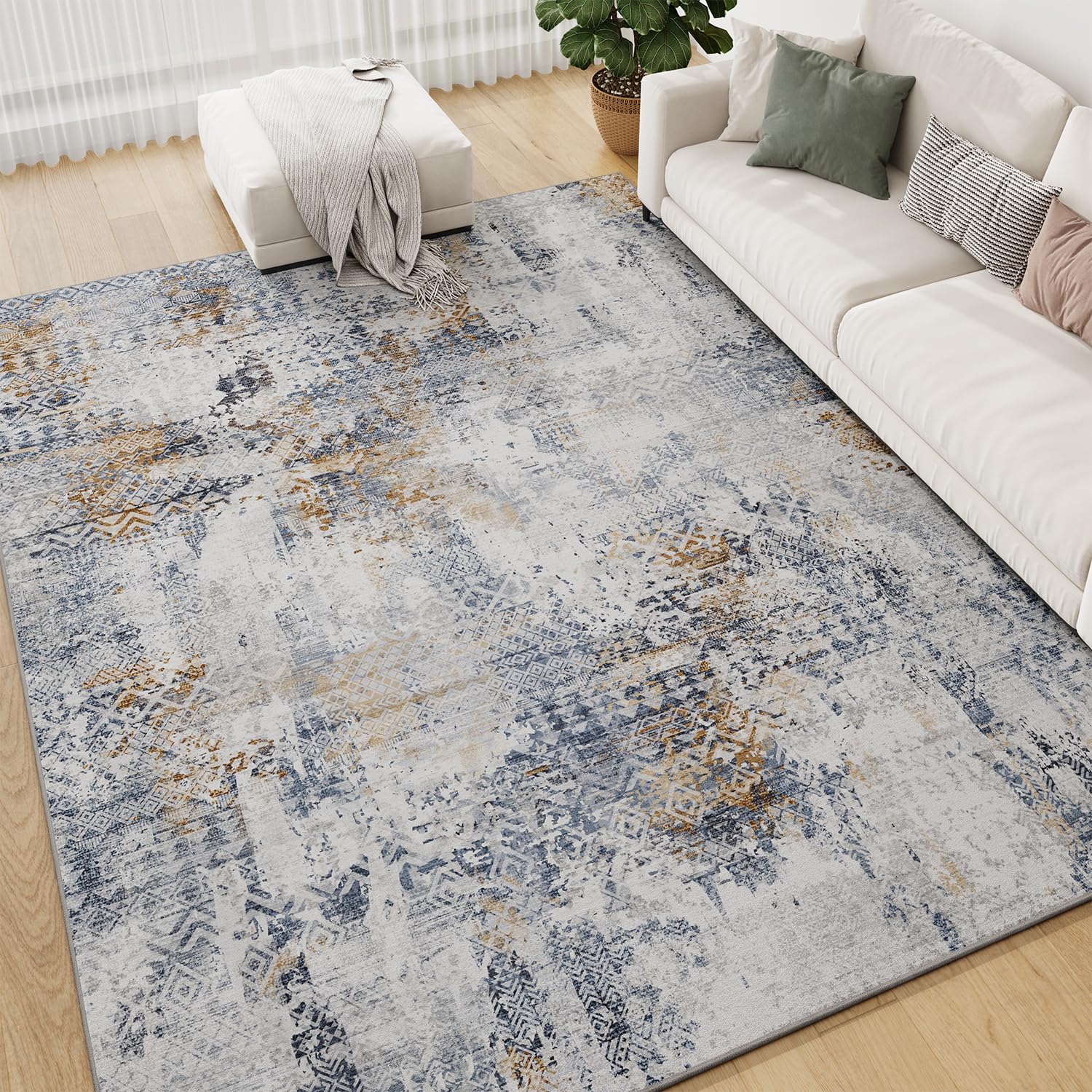 Photo 1 of ***used***9x12 Area Rugs for Living Room Rugs Washable Rug for Bedroom Nursery Dining Room Stain Resistant Soft Rugs Distressed Neutral Abstract Modern Vintage Boho Indoor Floor Carpet Navy Gold