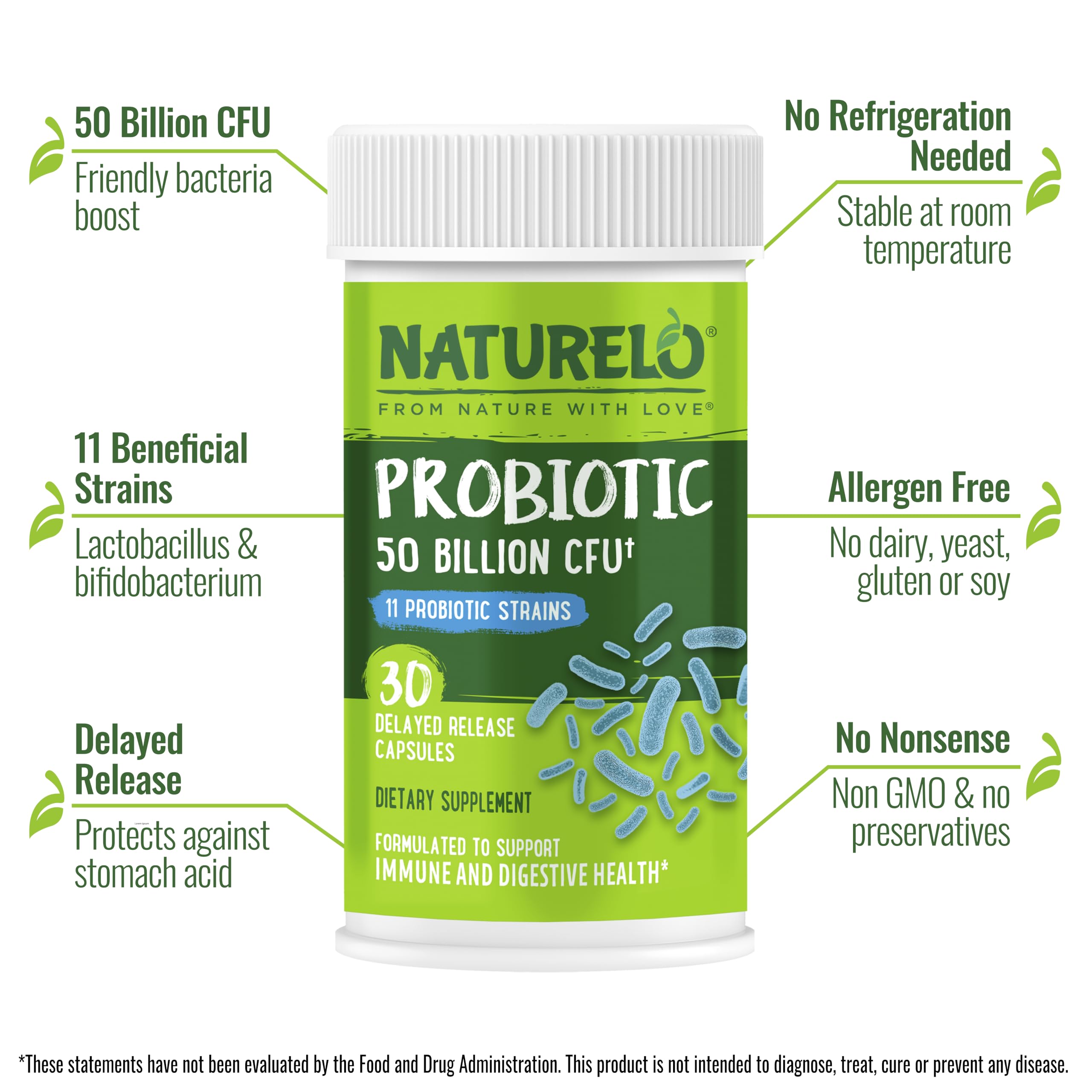 NATURELO Probiotics for Digestive Health - 50 Billion CFU, 11 Strains Daily Supplement - Boosts Immune System, Delayed Release, 30 Vegetarian Capsules