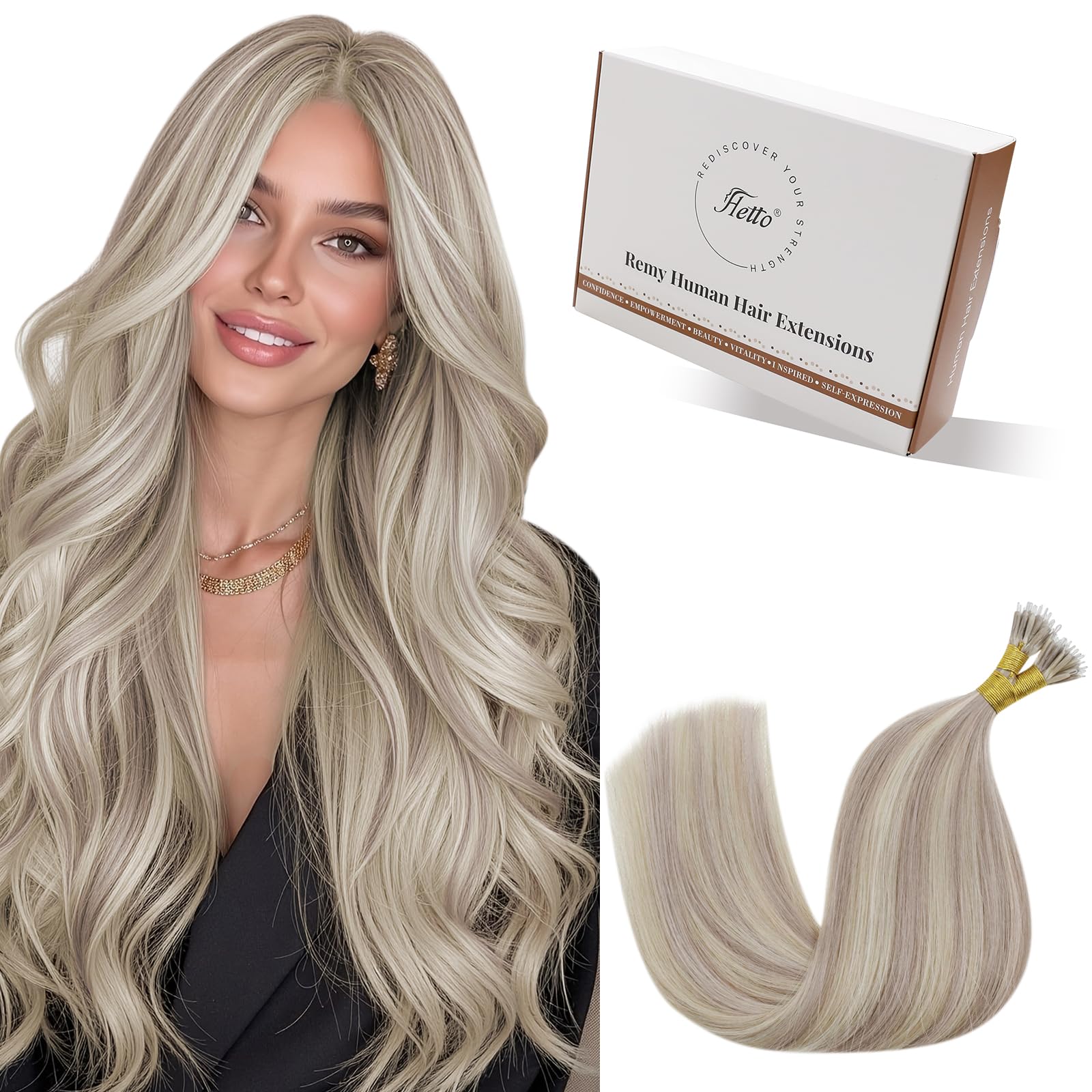 Hetto Nano Hair Extensions Real Human Hair Ash Blonde Highlights 22 Inch - Blonde Nano Beads Hair Extension, Pre Bonded Cold Fusion Nano Rings for Women Fashion Looks 50 strands 50 g #18/613
