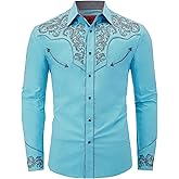 DIFICIL SLOG Men's Western Cowboy Shirt Embroidered Exquisite Long Sleeve Regular Fit Snap Button Down Shirts with Embroidery