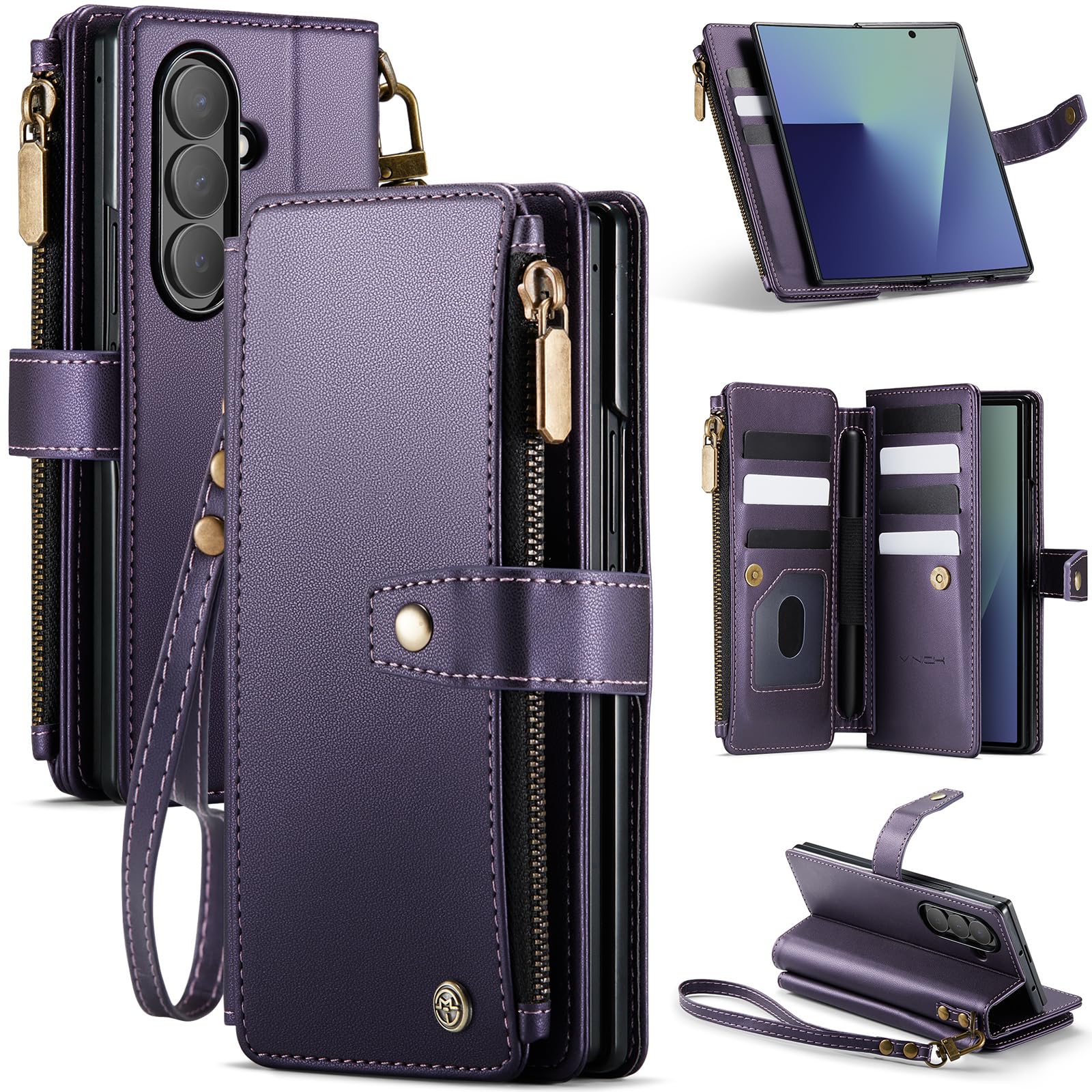 Photo 1 of Vinich for Samsung Galaxy Z Fold 7 Wallet Case with Card Holder, Detachable Strap RFID Blocking Credit Slots Kickstand Shockproof Phone Cover for Women Men, Purple