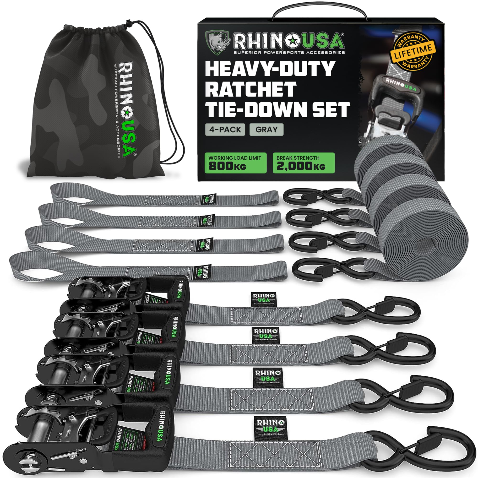 Rhino USA Ratchet Straps Heavy Duty Kit (4-Pack) - 4cm x 2.4m (2,000kg Break Strength) - Ultimate Tie Down Straps with Safety S Hooks for Trucks, ATV, UTV, Motorcycle, Cargo & More - Grey