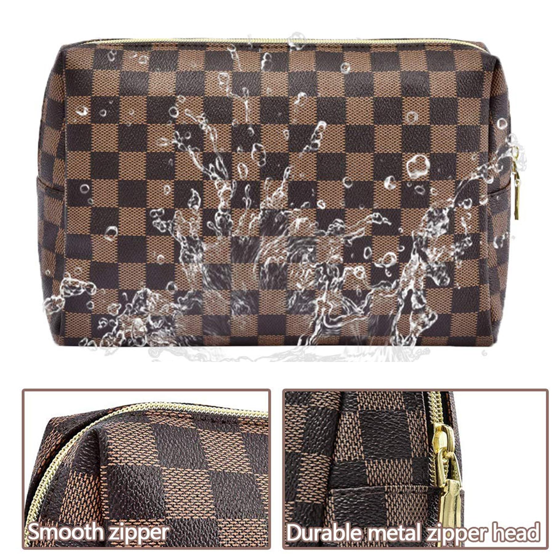 Makeup Bag, Cosmetic Bag, Portable Leather Large Checkered Makeup Bag, 2 Pack Large Capacity Travel Cosmetic Bag for Women, Lightweight Design and Waterproof Toiletries Bag Christmas Gifts