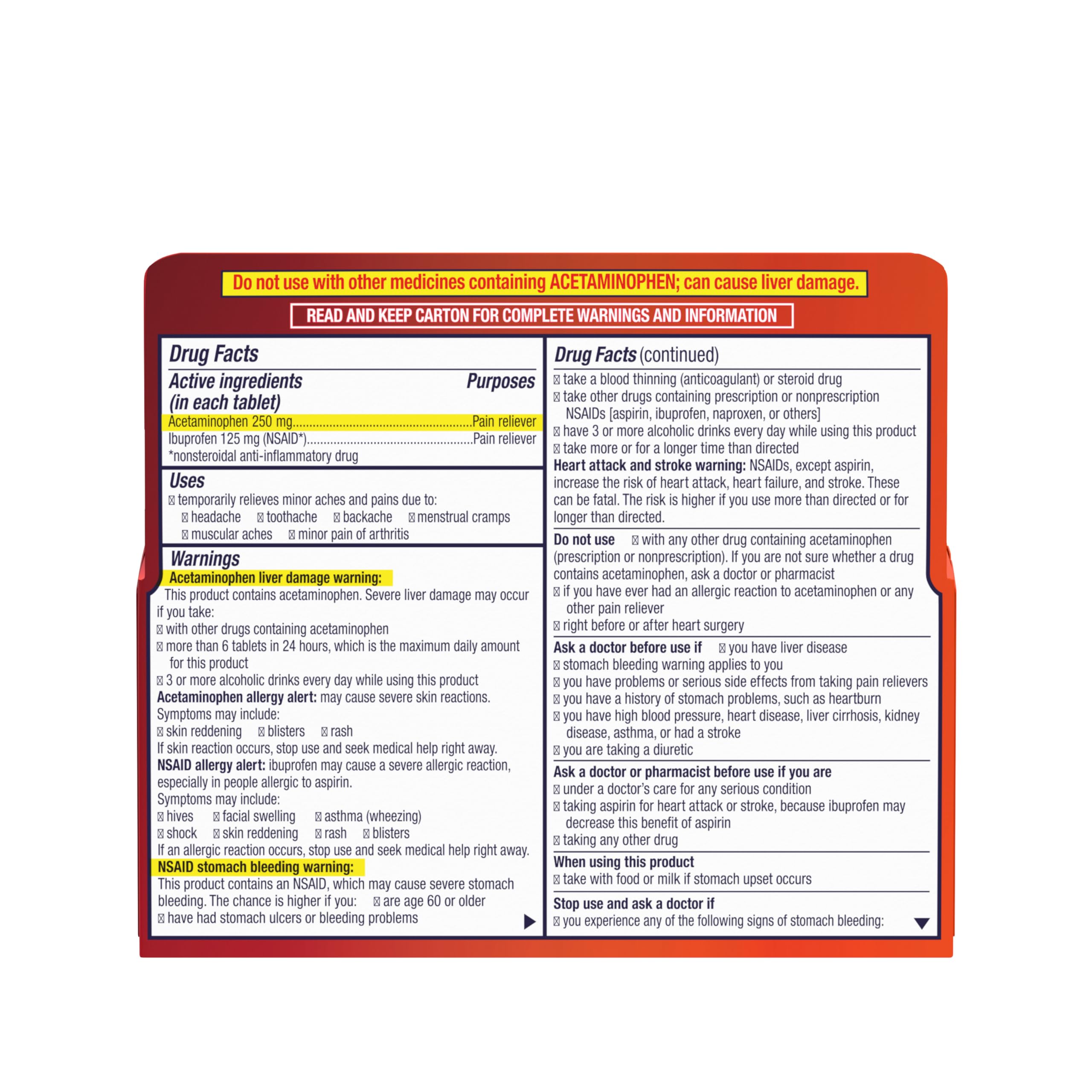Motrin Dual Action with Tylenol, Ibuprofen & Acetaminophen Fast-Acting Dual Action Pain Reliever for Minor Aches & Pains, Ibuprofen (NSAID) 125 mg & Acetaminophen 250 mg, 120 ct