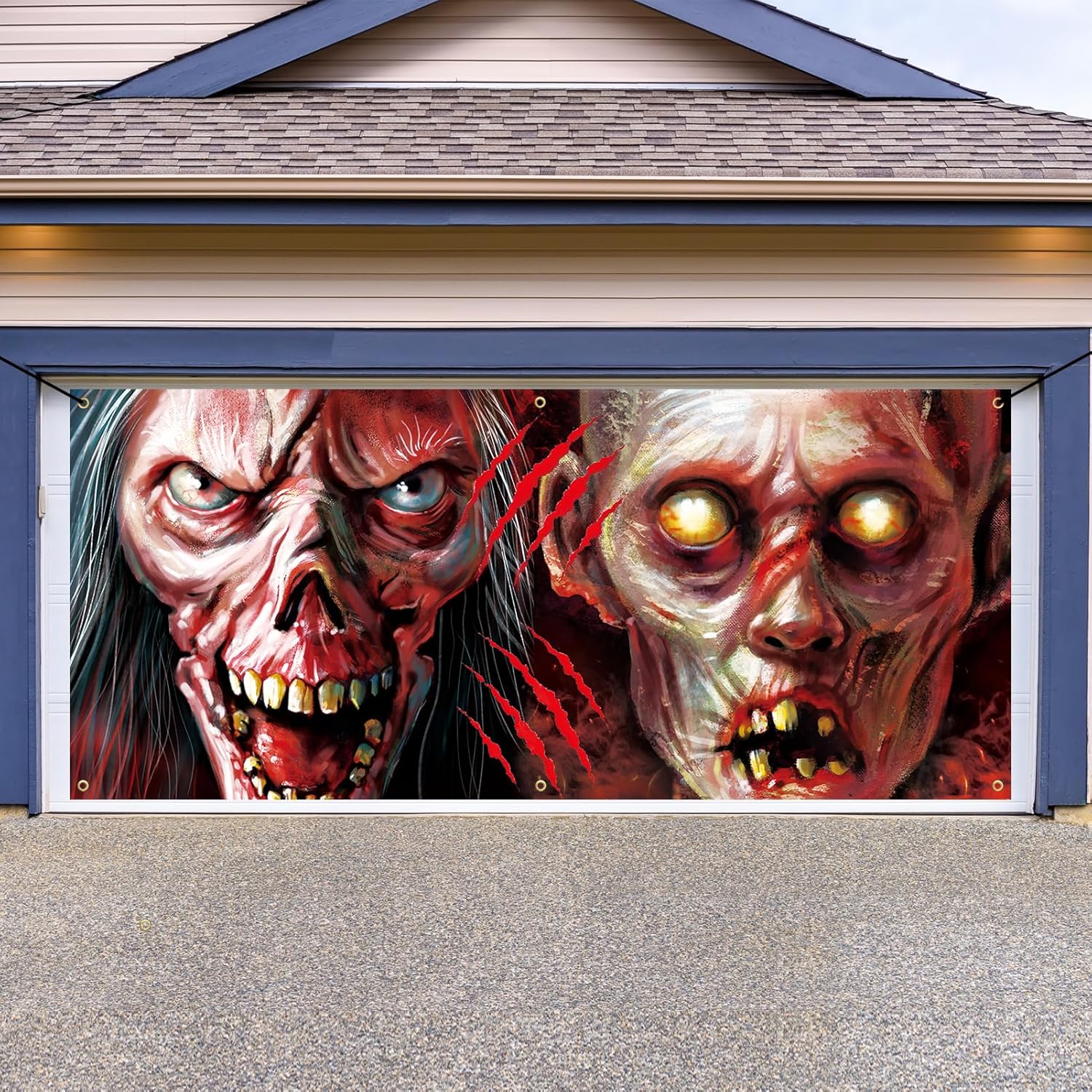 Garage Door Decorations - Roetyce Scary Halloween Garage Door Decorations, Extra Large Happy Halloween Garage Door Cover Backdrop Banner 6.8 x 16Ft, Halloween Decorations Outdoor Supplies, Halloween Decor for Garage Door