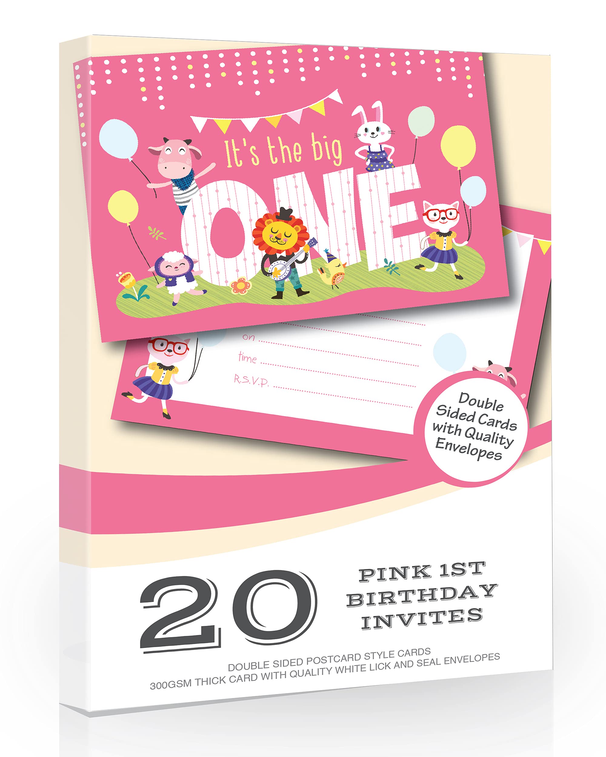 Olivia Samuel 20 x Pink 1st Birthday Party Invitations from The Big One - A6 Postcard Size with envelopes