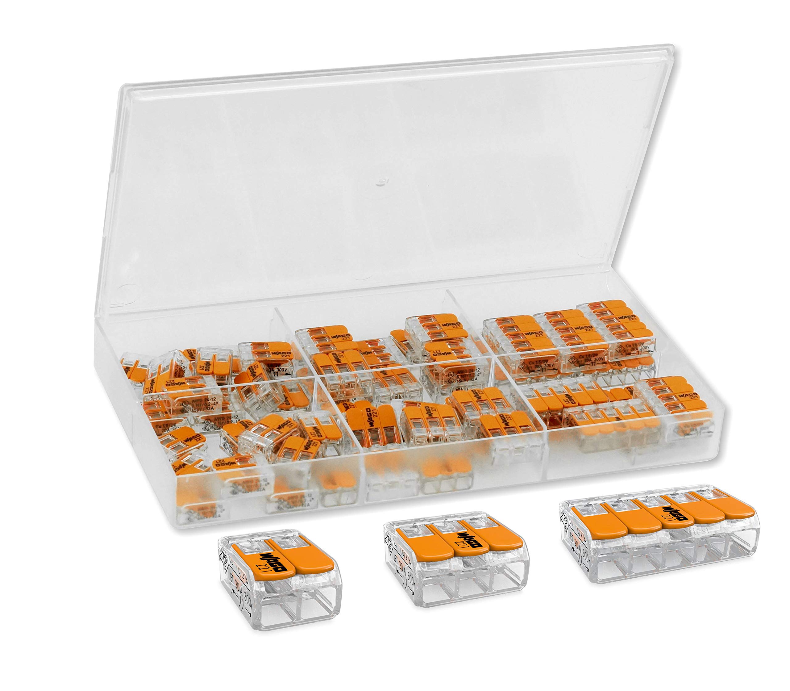Wago clamps (61 pieces) assortment, set consists of: 27x 221 - 412 - 20x 221-413 - 14x 221-415 Arranged in a Clear Assortment Box