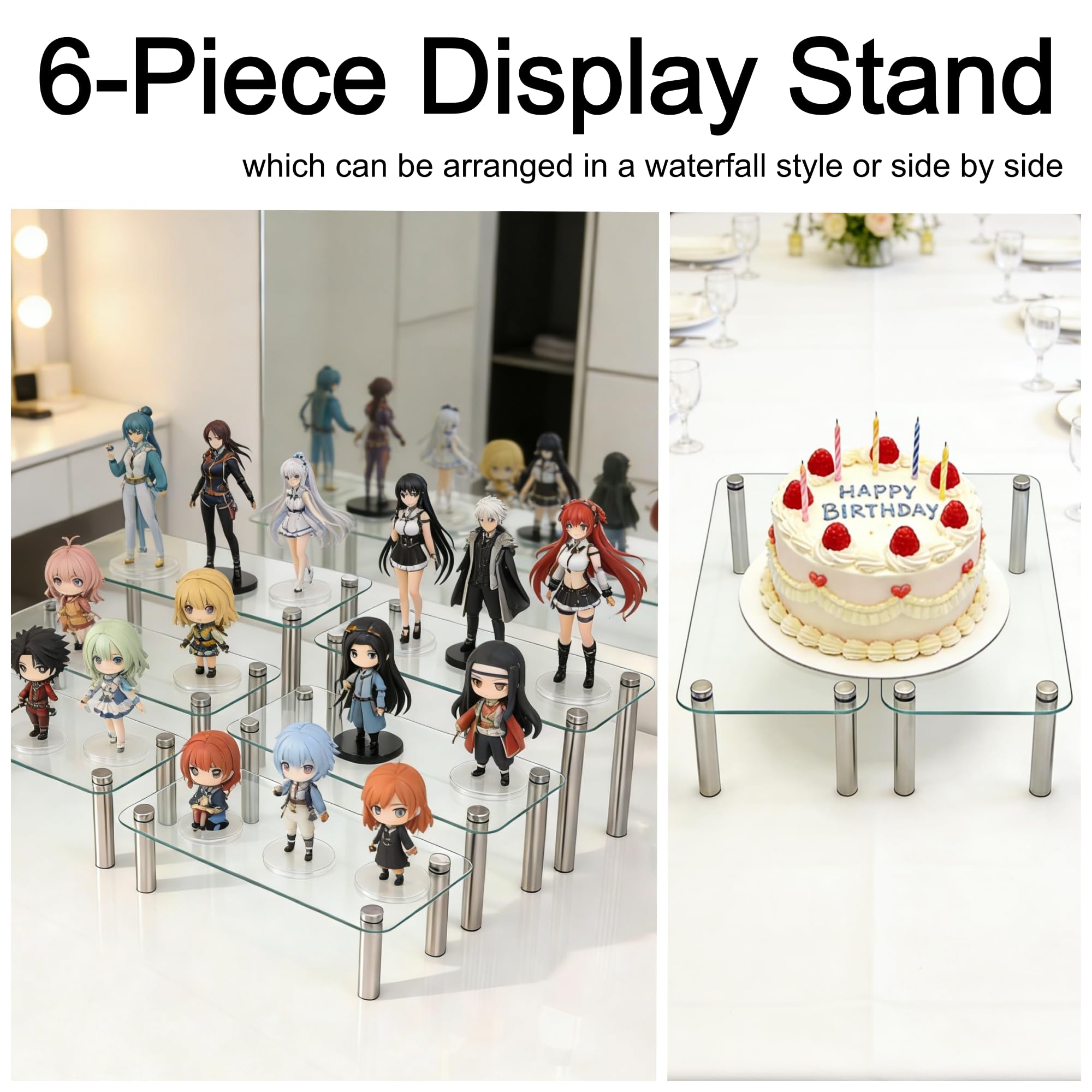 FESTLOVE 6 Pack Tempered Glass Display Stands Set, 13 Inch Rectangular Cake Cupcake Stand Dessert Display Riser Serving Platter Plate for Decoration Table Party Wedding Baby Shower