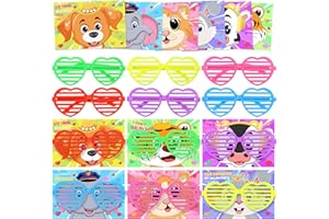 Mibor Valentines Day Gifts for Kids, Get 25 Pcs Correct Animal Valentines Day Cards for Kids with 30 Pcs Colorful Heart Shaped Glasses, Valentines Exchange Cards For School Classroom