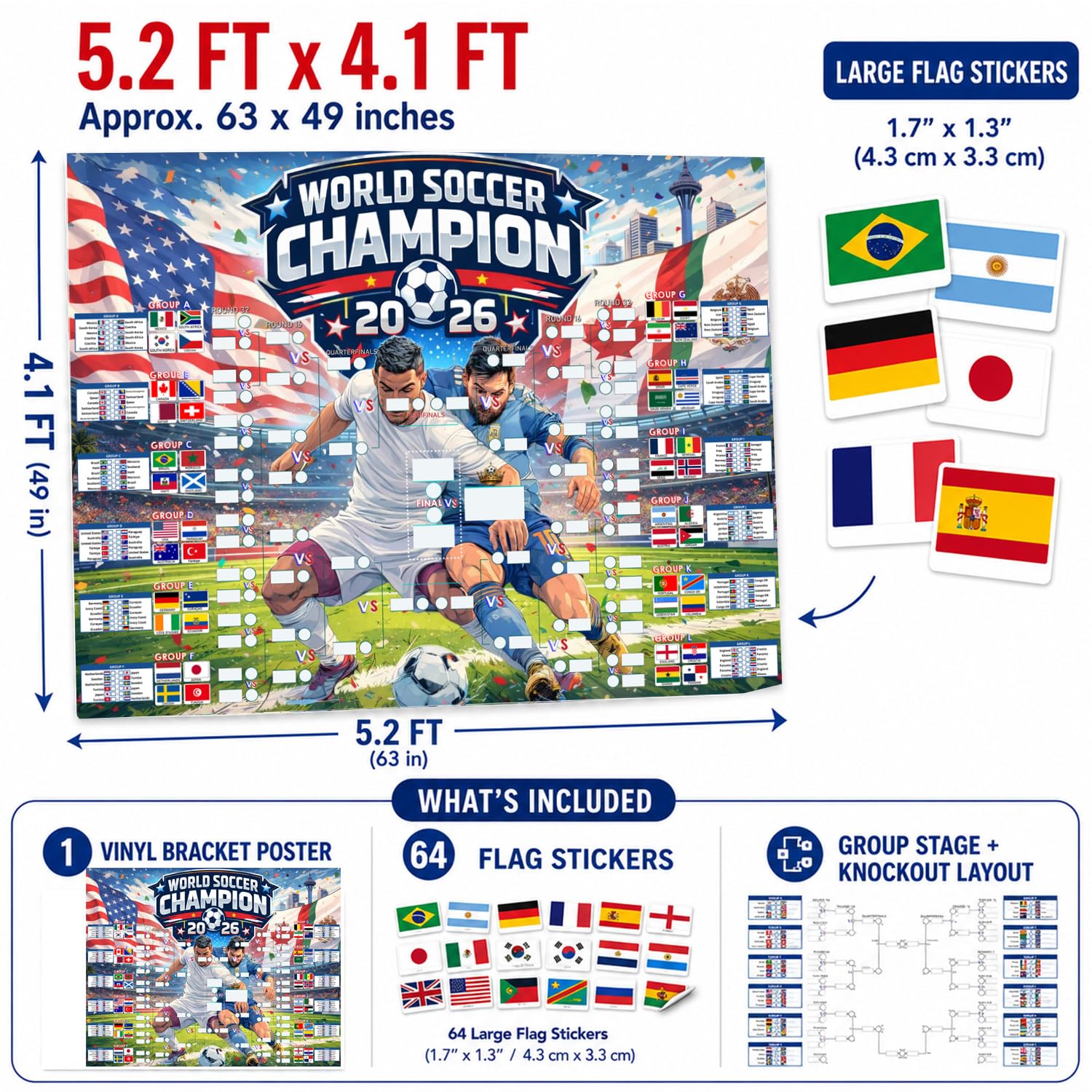 Condition photo showing New/Like New for mascotwish world cup 2026 schedule poster bracket – 5.2ft x 4.1ft large soccer tournament wall chart