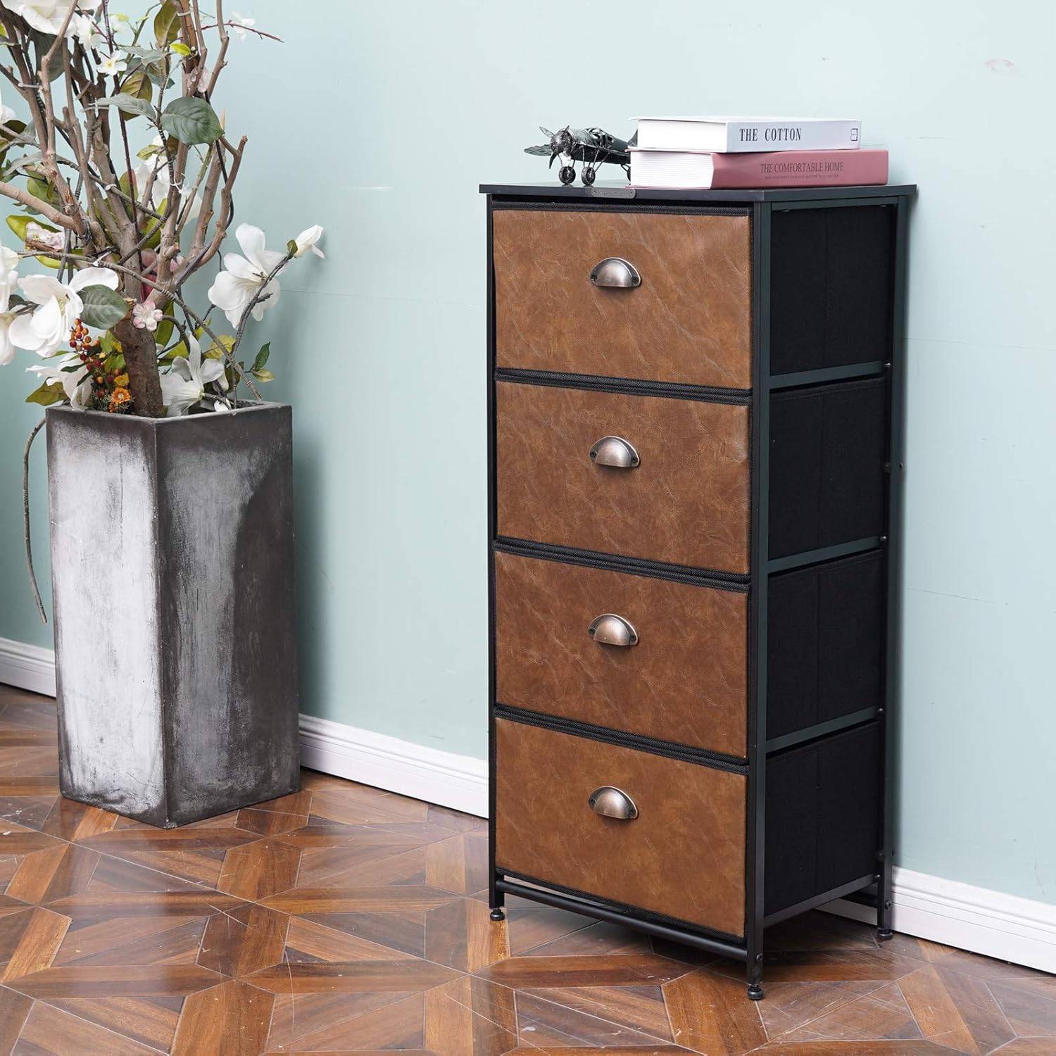 Dresser Storage Tower,Retro Industrial Style 4 Drawer Vertical Fabric Storage Unit for Bedroom, Hallway, Entryway, Closet,Nursery Room,Bathroom: Kitchen & Dining