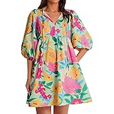 Yousify Womens Summer Dresses Floral Mini Babydoll Dress V Neck Puff Sleeve Loose Fit Boho Beach Sundress with Pockets