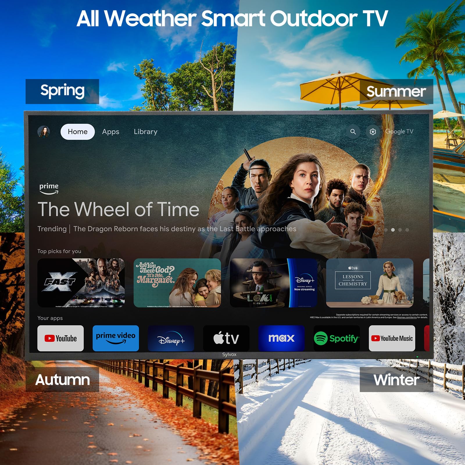 SYLVOX 50 Inch Outdoor Smart Television Weatherproof Google TV, 4K 700NIT High Brightness Temperature Resistant IP55 Waterproof TVs, Anti-Scratch, Suitable for Partial Sun (Patio Series)