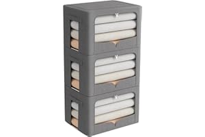 FHSQX 3 Pack Clothes Storage Bins - Foldable Metal Frame Storage Box - Stackable Linen Fabric Organizer Set with Carrying Handles and Clear Window (Dark Gray, 15.7x11.8x11.8inch(36L))