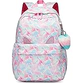 Reqinqin Waterproof School Backpack for Teens Kids 6-18Yrs-Lightweight Large Capacity Bookbag with Cat Ear & Heart Keychain,Durable Travel College Backpack for Daily Use 30L(Light Green Pink)