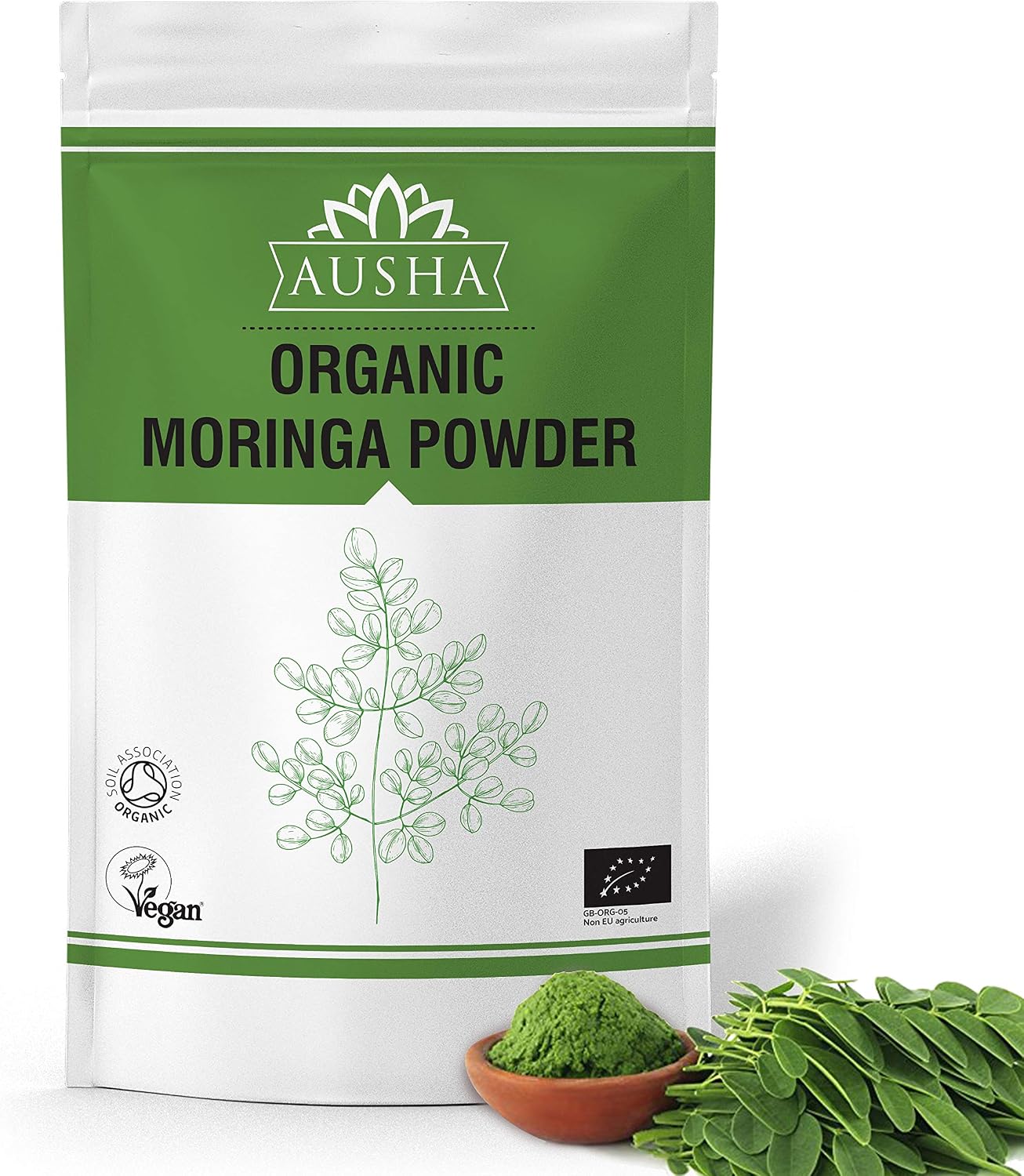 Ausha Organic Moringa Leaf Powder 500g - UK Certified Organic by Soil Association, Green, 500 g (Pack of 1)