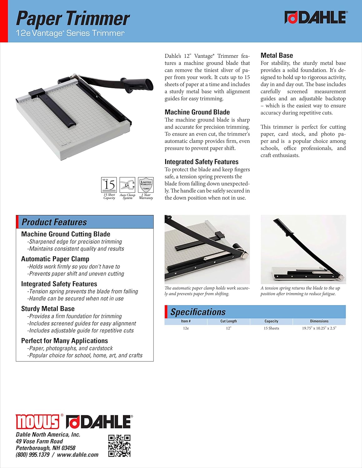 Dahle 12e Vantage Paper Trimmer, 12" Cut Length, 15 Sheet, Automatic Clamp, Adjustable Guide, Metal Base with 1/2" Gridlines, Guillotine Paper Cutter, Black, Gray: Industrial & Scientific