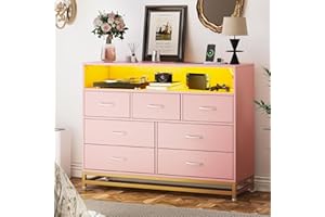 Black Dresser with 7 Drawers for Bedroom, Wooden Long Dresser with Led Lights and Charging Station, Modern Wide Chest of Draw