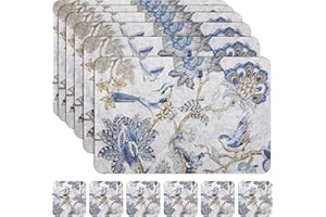 Casaido Summer Place Mats Set of 6-Wipeable Placemats,Kitchen Table Mats,Felt Wipeable Heat Resistant Non Slip Dinner Placemats,Rectangle Thick Placemats, Blue Placemats 17’’×12’’