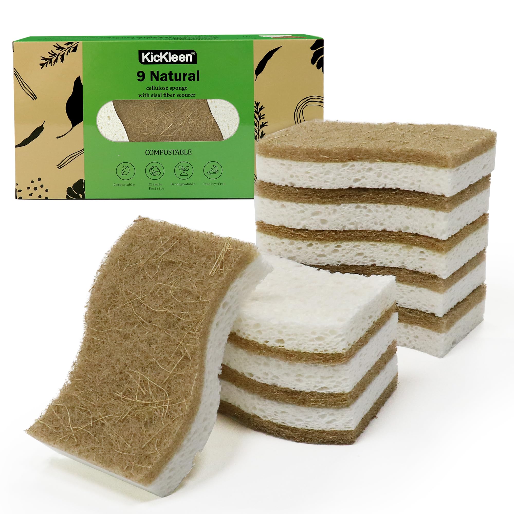 Photo 1 of KICKLEEN 9 Pack Biodegradable Natural Kitchen Sponge - Compostable Cellulose and Coconut Walnut Scrubber Sponge - Eco Friendly Sustainable Sponges for Dishes