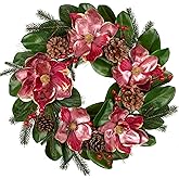 Briful 24in Christmas Magnolia Flower Wreath for Front Door Artificial Red Magnolia Floral Wreath with Pine Cones Berries Outdoor Christmas Wreath for Xmas Home Room Wall Window Mantle Decor