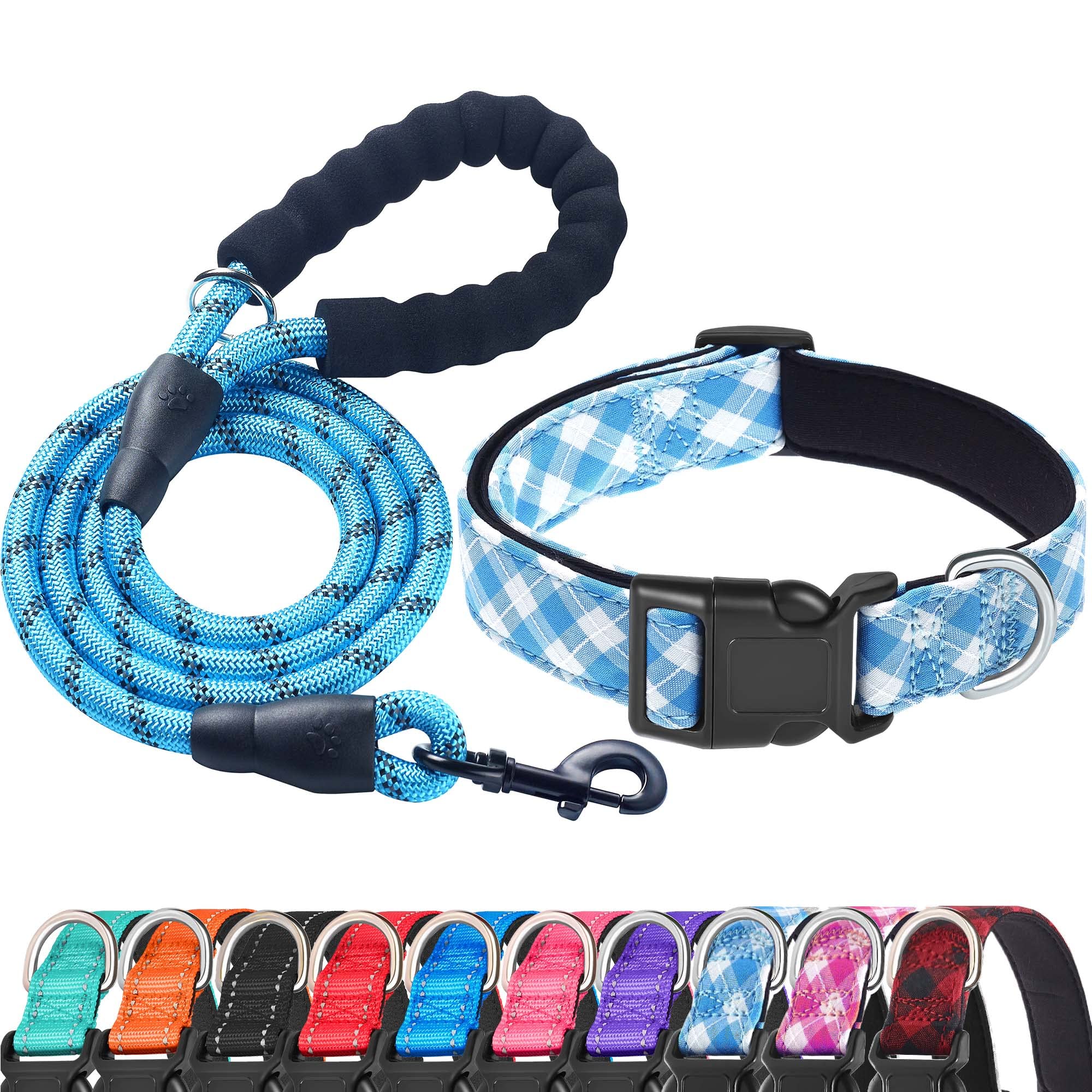 Photo 1 of Ladoogo Reflective Dog Collar Padded with Soft Neoprene Breathable Adjustable Nylon Dog Collars for Small Medium Large Dogs (Large (Pack of 1), Vivid Blue Plaid Collar+Leash)