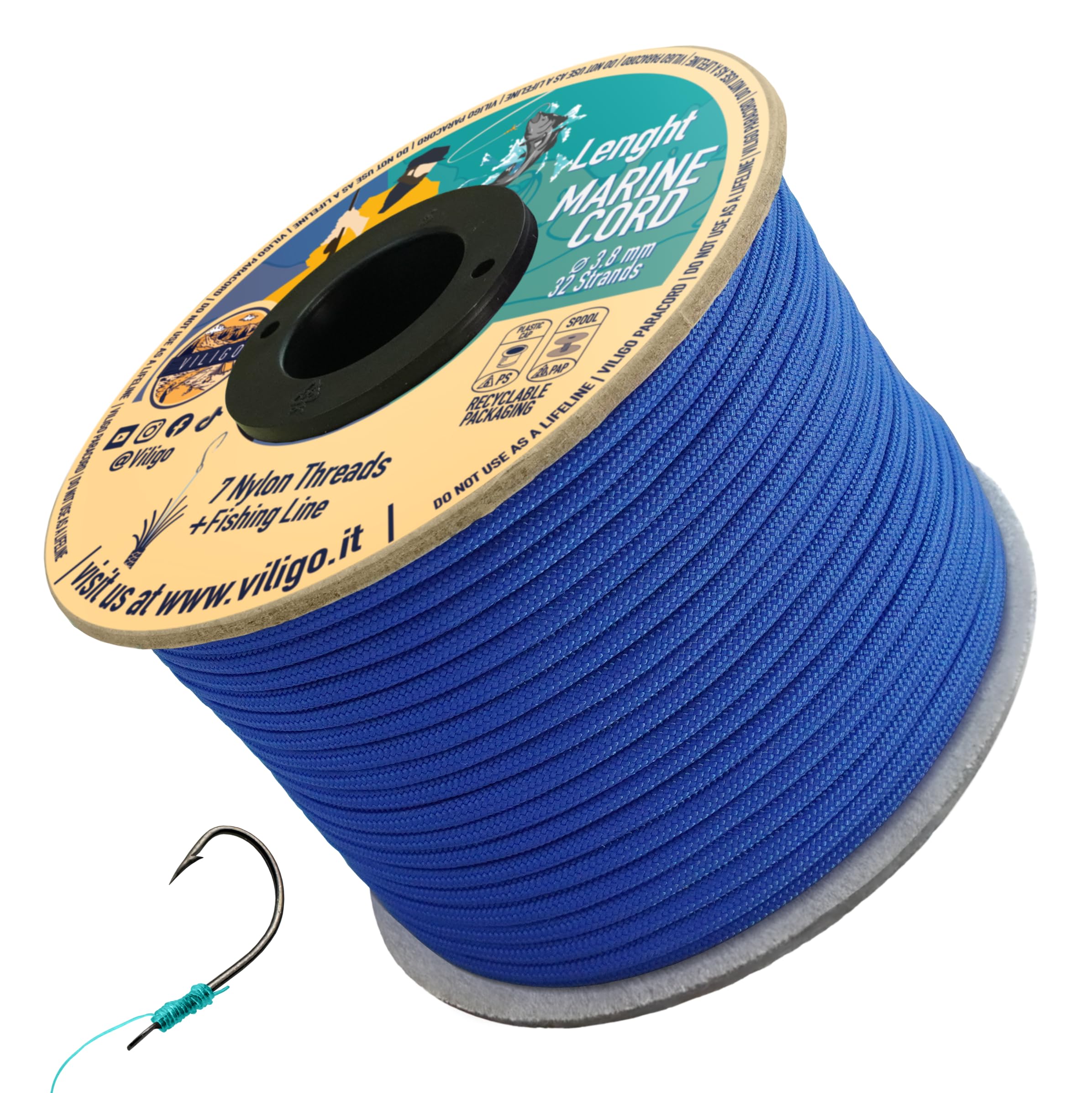 VILIGO Marine Cord - Nylon Braid (3.8mm) - 7 Nylon Strands and 1 Line - Boat Rope for Fishing and Outdoor Activities - Contains a Fishing Hook (50m, Blue)