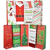 Iconikal 16-Pack Heavy-Duty Christmas Wine Bottle Gift Bags, Thick Paper with Ribbon Handles, Assorted Holiday Designs, Perfect for Festive Wine Gifting, Xmas Parties, and Bulk Holiday Wrapping